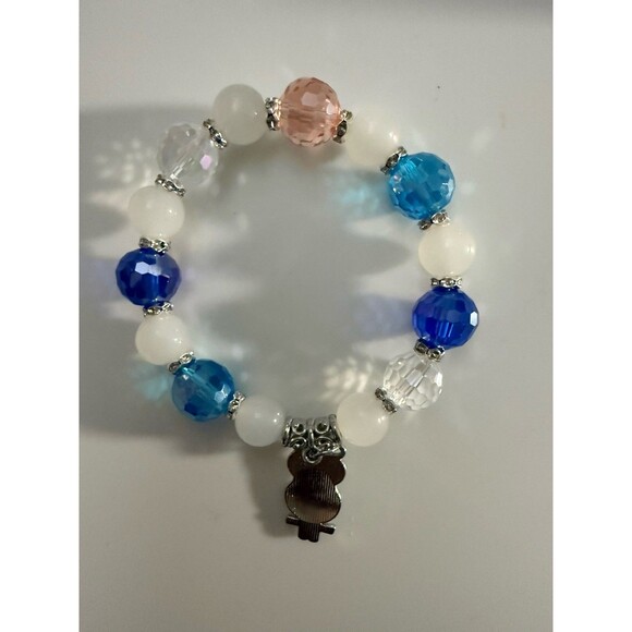 Multi Faceted Bead Stretch Bracelet with White Gemstone Beads & Silver Owl Charm - Picture 2 of 2